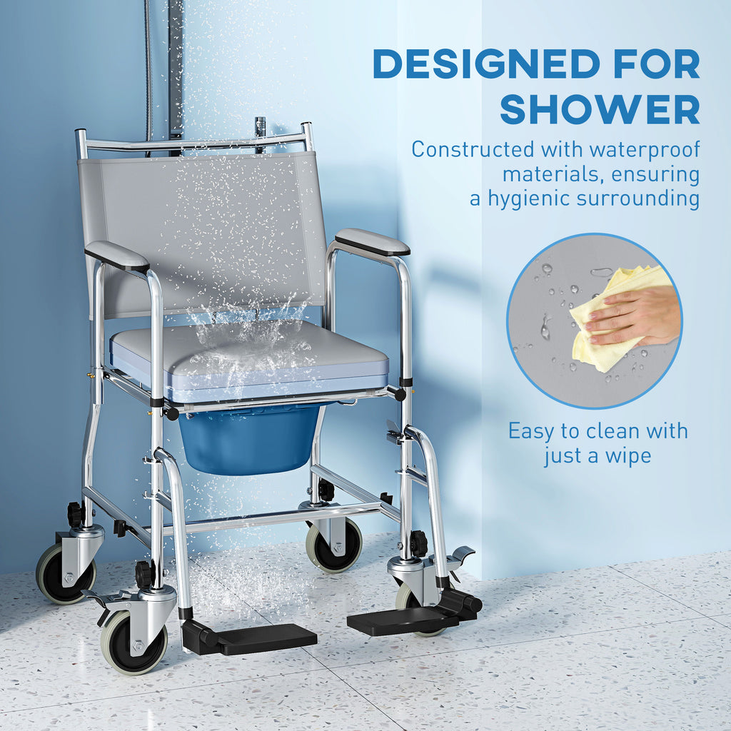Rolling Shower Chair Commode with Padded Seat and Backrest