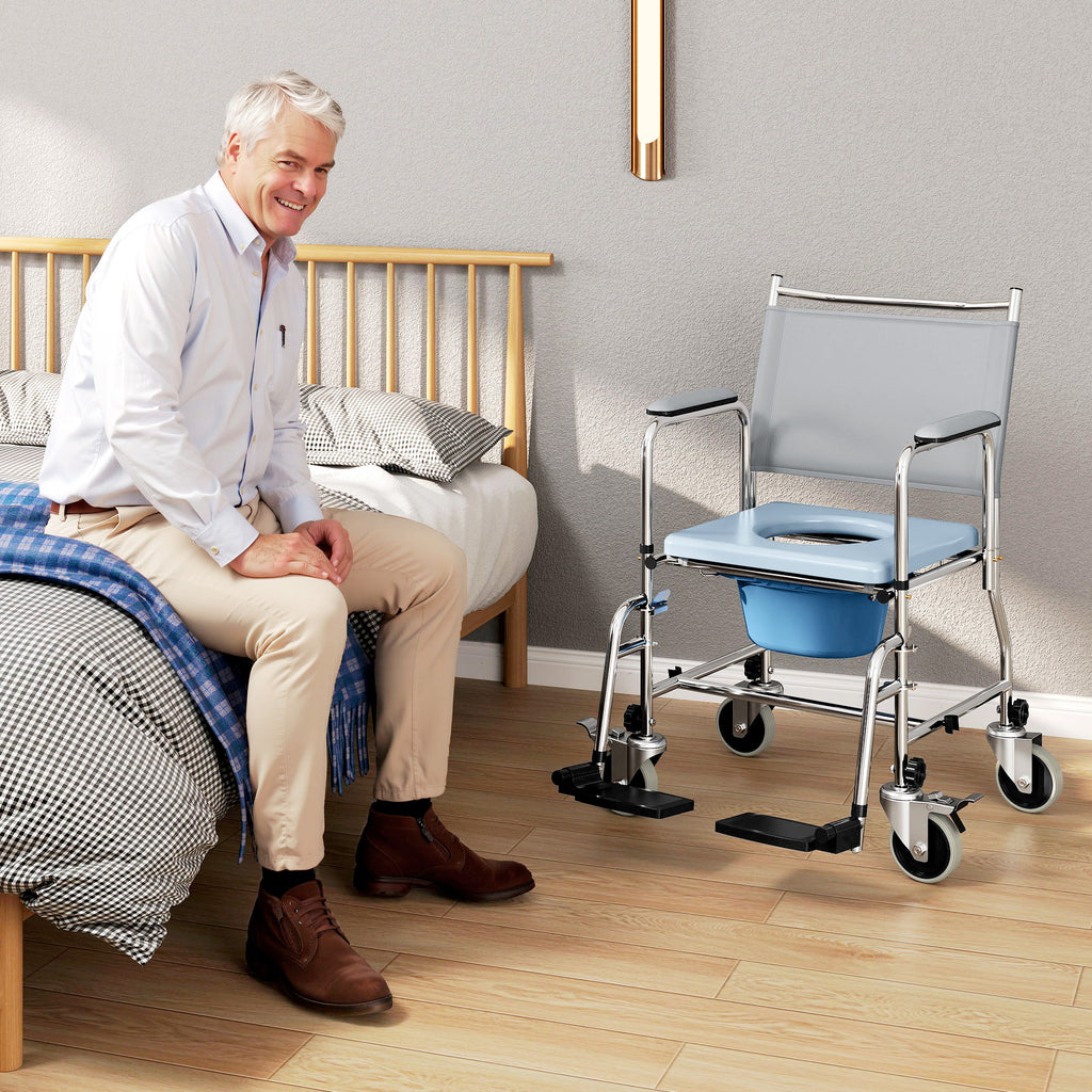 Rolling Shower Chair Commode with Padded Seat and Backrest