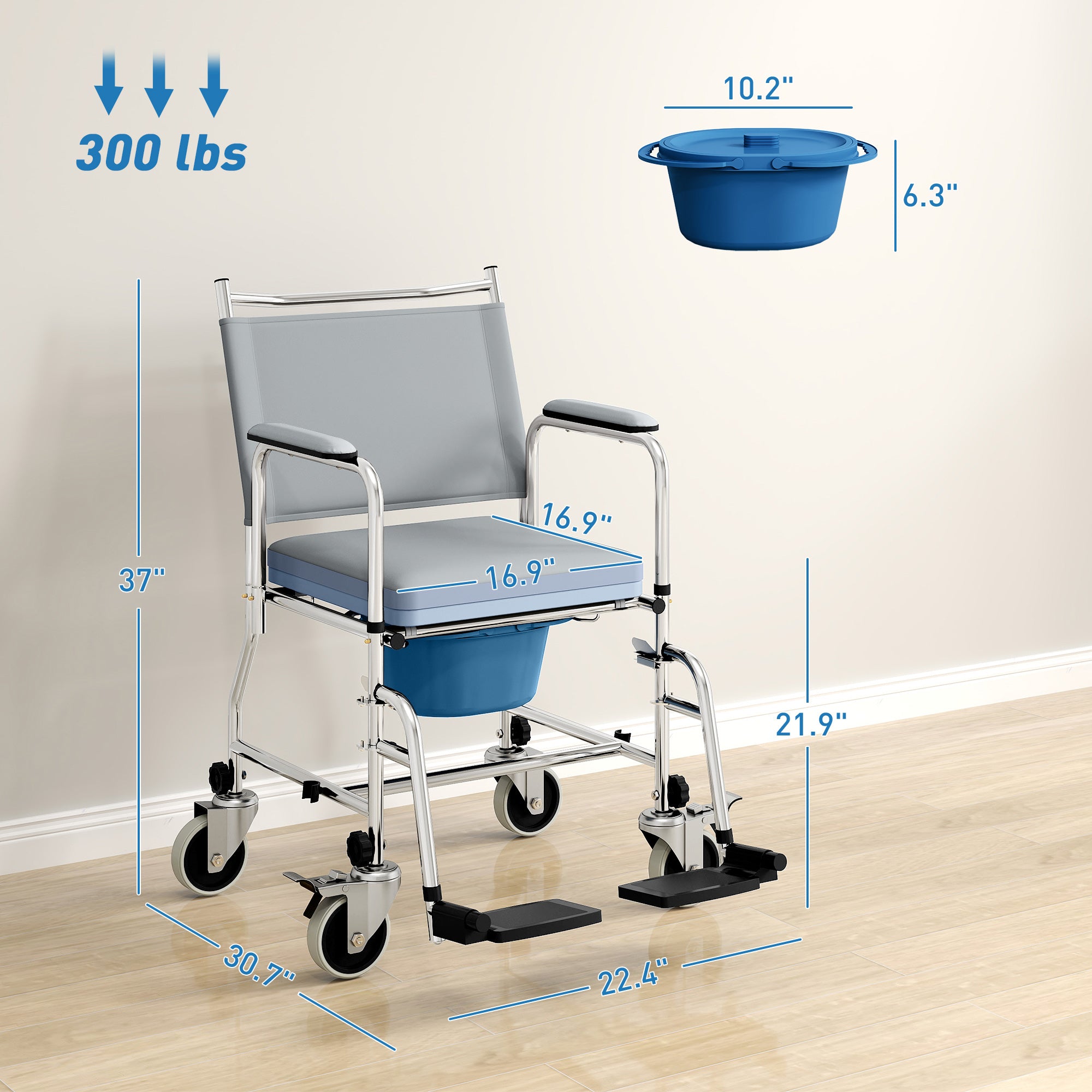 Rolling Shower Chair Commode with Padded Seat and Backrest