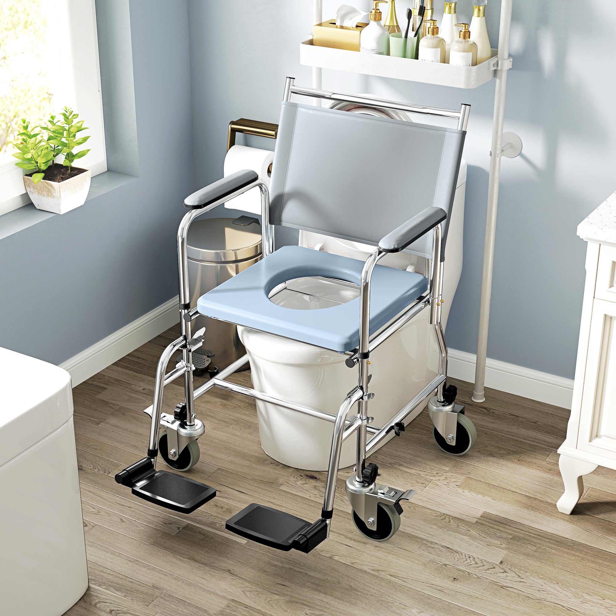Rolling Shower Chair Commode with Padded Seat and Backrest