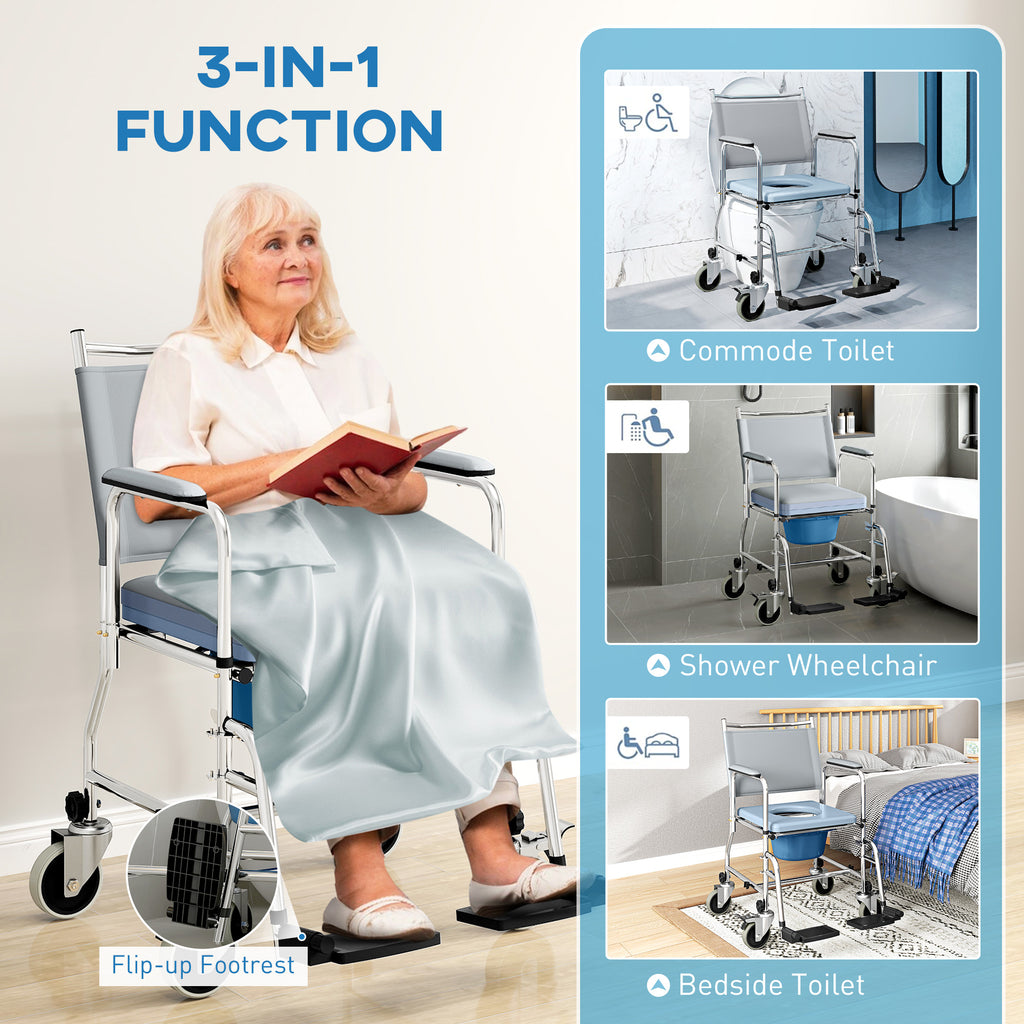 Rolling Shower Chair Commode with Padded Seat and Backrest
