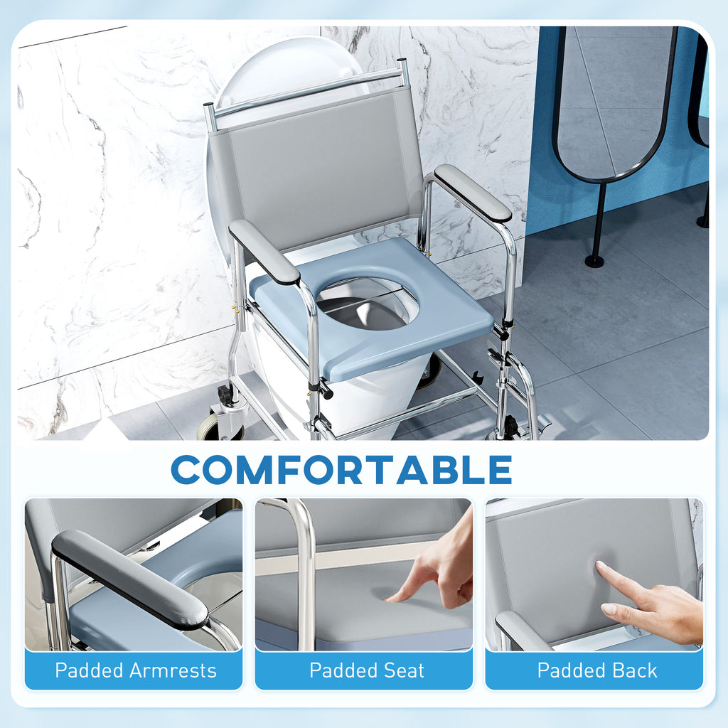 Rolling Shower Chair Commode with Padded Seat and Backrest